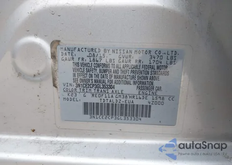 2016 Nissan Versa Note S (Sr)/S Plus/Sl/Sr/Sv from USA, damaged, VIN 3N1CE2CP3GL353304